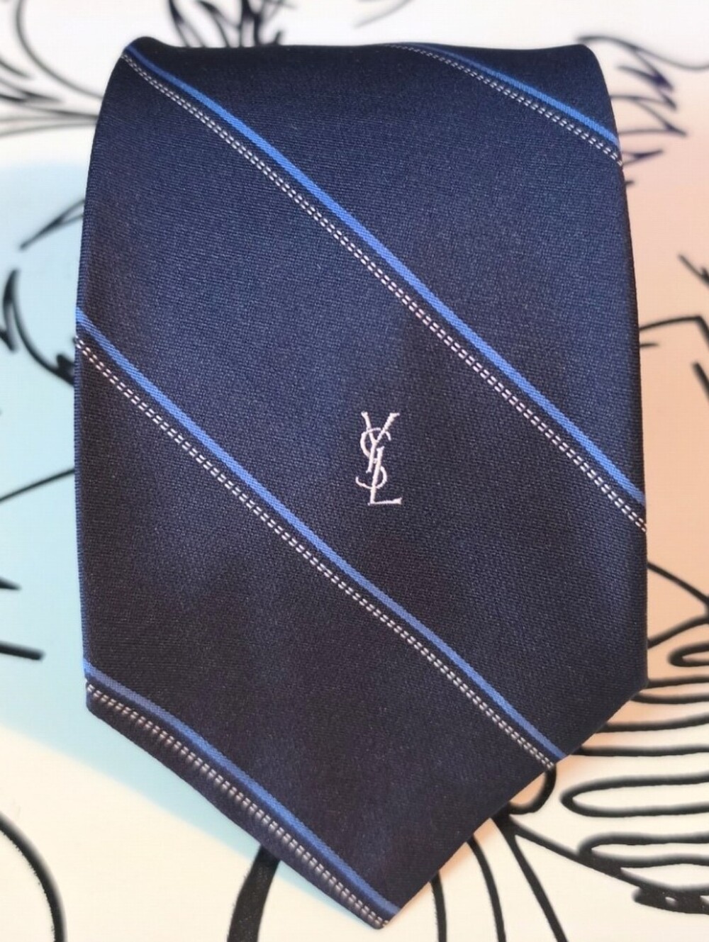 Vintage Yves Saint Laurent YSL Men's Silk Tie Navy Blue Pinstripe Striped